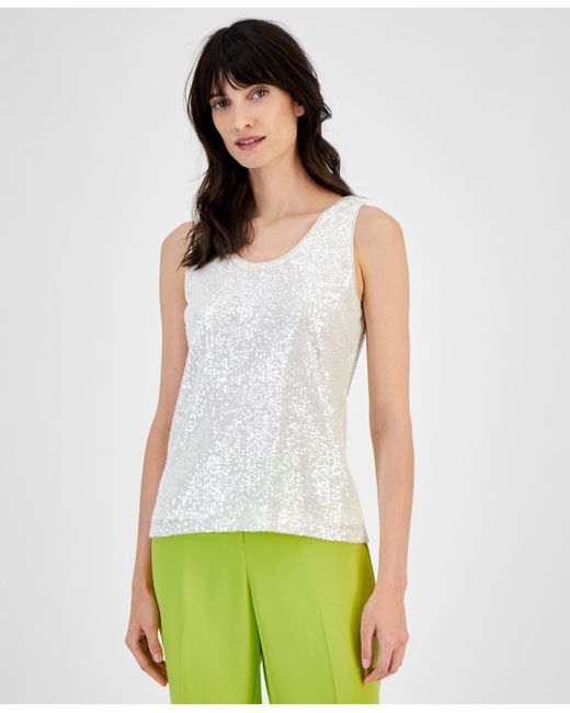 Anne Klein Green Sequined Mesh Scoop-neck Tank Top