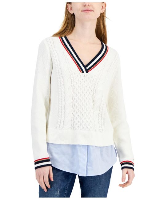 Tommy Hilfiger White Cable-knit Layered-look Sweater