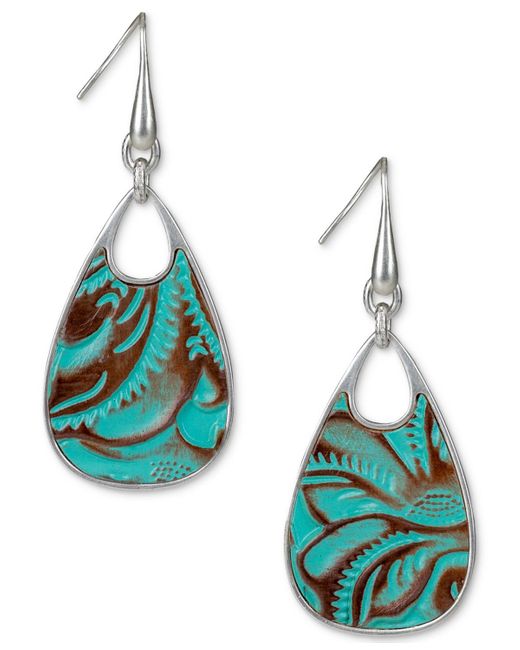 Patricia Nash Blue Silver-tone Printed Leather Drop Earrings