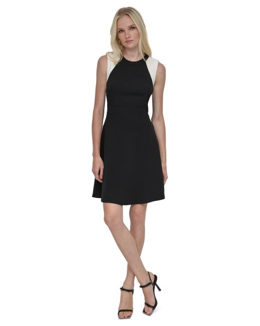 DKNY Black Colorblocked Sleeveless Scuba Crepe Dress