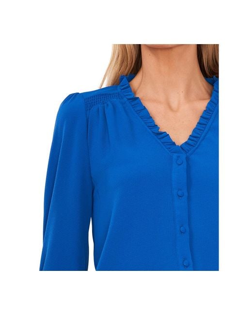 Cece Blue Ruffled Button-front 3/4-sleeve Blouse
