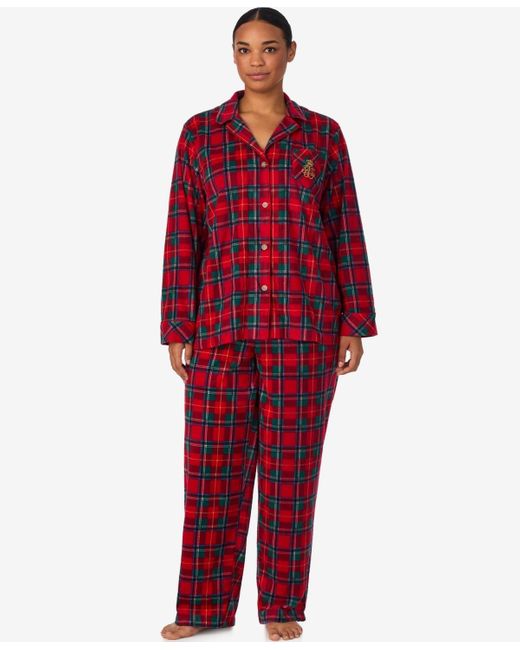 Ralph Lauren Red Plus Size Long Sleeves Notch Collar Pajama Set
