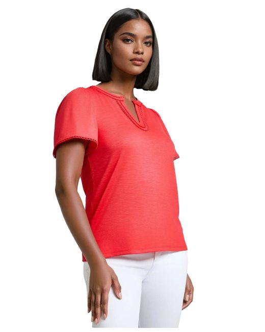 Jones New York Red Drapey Split-neck Short-sleeve Top