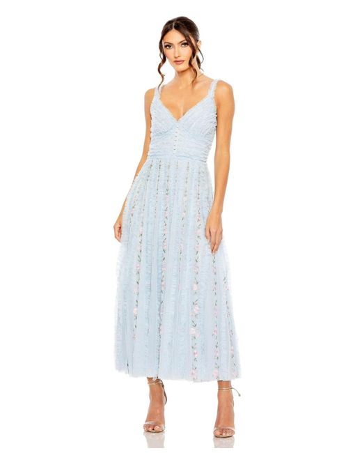 Mac Duggal Blue Ruffle Floral Embroidered Detail Tea Length Dress