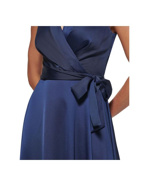 DKNY Blue Faux-wrap Tie-waist Satin Crepe Dress