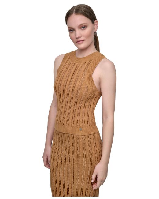 DKNY Brown Crewneck Pointelle-stitch Tank Sleeveless Sweater
