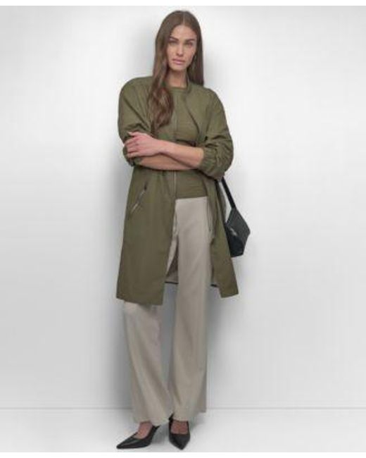 DKNY Multicolor Perforated Long Sleeve Anarak Jacket Front Seam Pull On Trousers Textured Knit Short Sleeve Crewneck Top