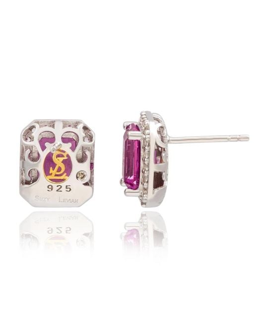 SUZY LEVIAN NEW YORK Purple Suzy Levian Sterling Silver Emerald Cut Sapphire & Created White Sapphire Halo Stud Earrings