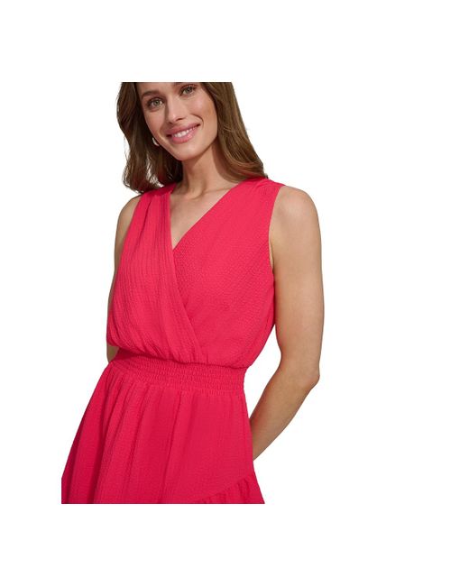DKNY Red Sleeveless Smocked-waist A-line Dress