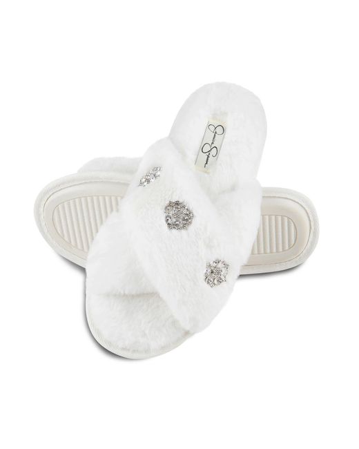 Jessica Simpson White Embellished Cross Band Slide Slippers