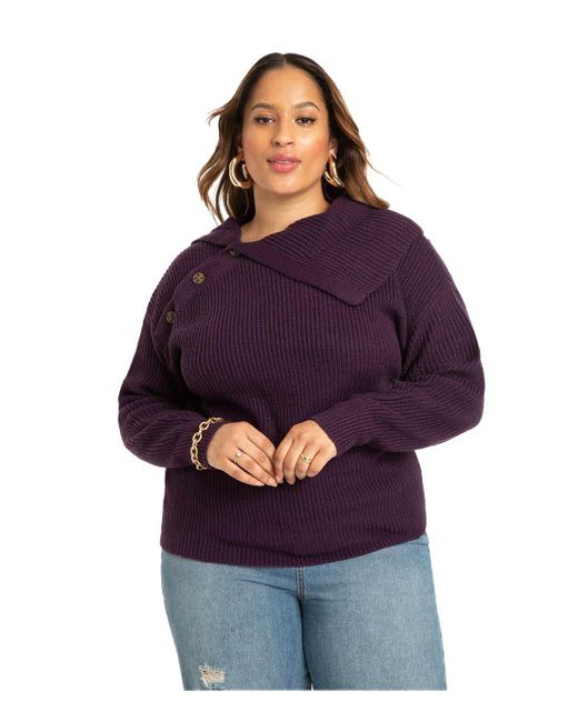 Eloquii Purple Plus Size Asym Button Collar Sweater