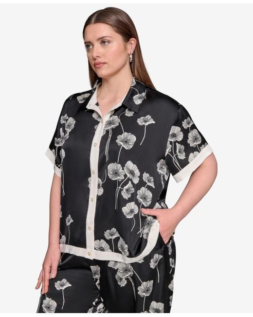 Karl Lagerfeld Black Plus Size Flower-print Button-down Shirt