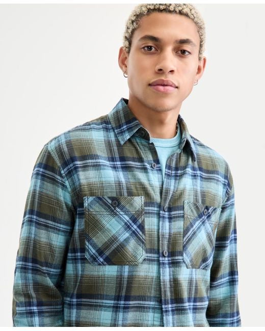 Sun & Stone Blue Sun + Stone Wade Long-sleeve Cotton Flannel Plaid Shirt for men