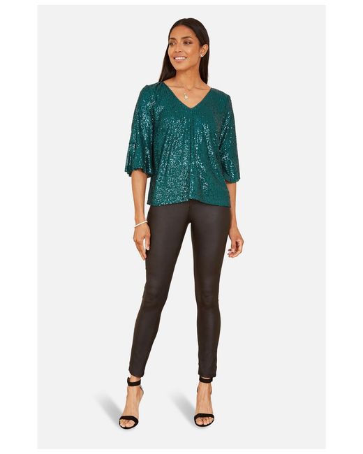 Yumi' Green Fluted Sleeve Sequin Top