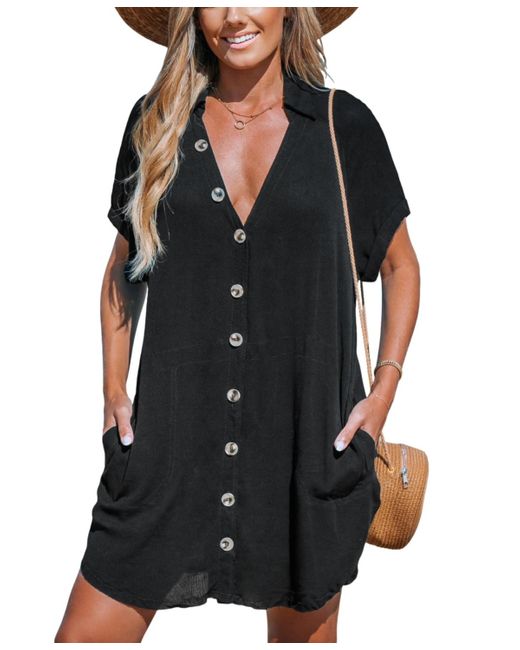 CUPSHE Black Collared Front Button Cover-up