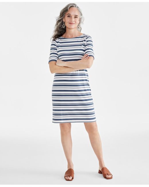 Style & Co. Blue Printed Boat-neck Elbow Sleeve Dress