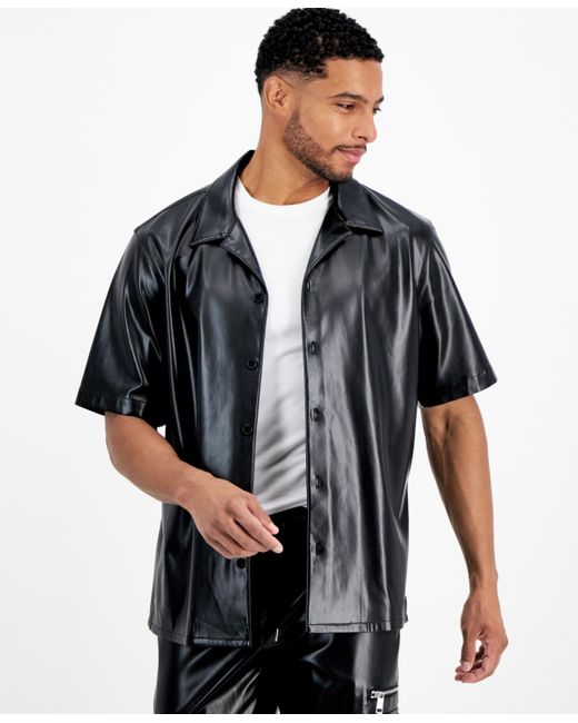 INC International Concepts Black Jax Regular-fit Button-down Faux-leather Camp Shirt for men