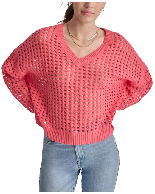 DKNY Red V-neck Open-stitch Cotton Sweater