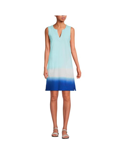 Lands' End Blue Petite Cotton Jersey Sleeveless Swim Cover-up Dress Print