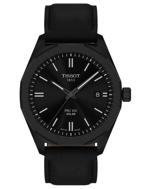 Tissot Swiss Prc 100 Solar Quartz Black Leather Strap Watch 39mm for men
