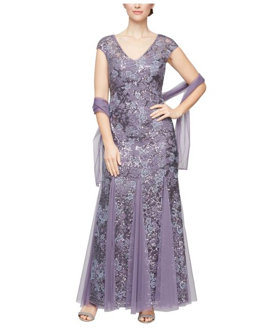 Alex Evenings Purple Petite Sequined Embroidered Gown & Shawl