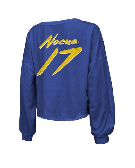 Majestic Blue Threads Puka Nacua Los Angeles Rams Off-shoulder Script Player Name Number Cropped Long Sleeve V-neck T-shirt