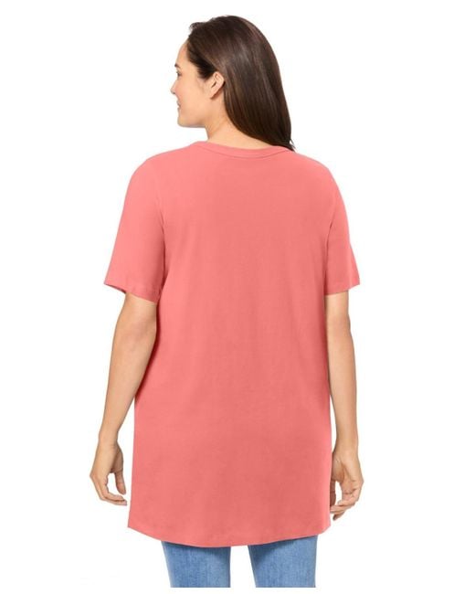 Woman Within Pink Plus Size Within Perfect Short-sleeve Shirred V-neck Tunic