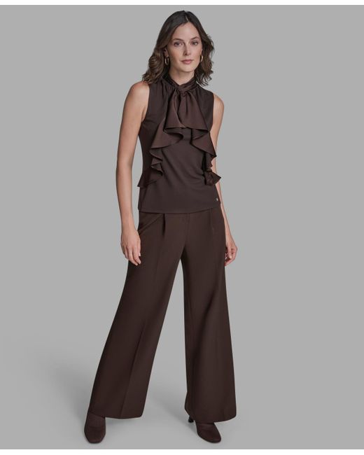 BCBGMAXAZRIA Brown Sleeveless Ruffle Front Blouse
