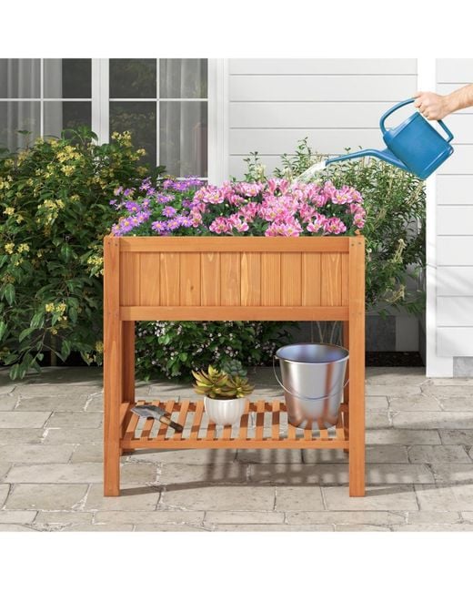 COSTWAY Brown Rectangle Wood Flower Planter Box Portable Raised Vegetable Patio