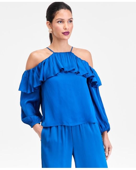 INC International Concepts Blue Cold-shoulder Long-sleeve Ruffle Blouse