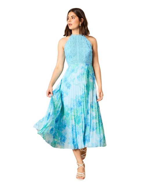 Oasis Blue Printed Lace Mix Halterneck Midi Dress