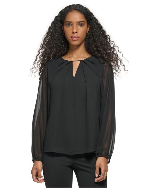 Calvin Klein Long Sleeve Keyhole Neck Chiffon Blouse in Black | Lyst