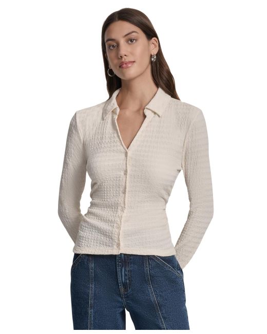 DKNY Natural Textured Collared Button-front Top