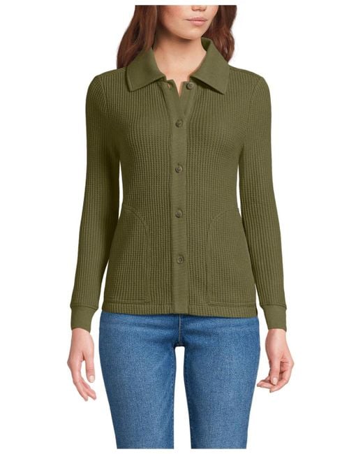 Lands' End Green Long Sleeve Waffle Collared Shacket