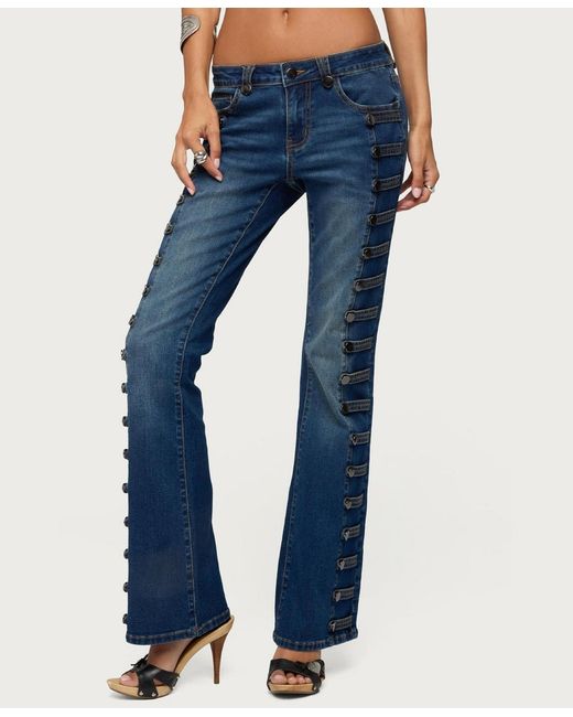 Edikted Blue Button Loop Low Rise Bootcut Jeans