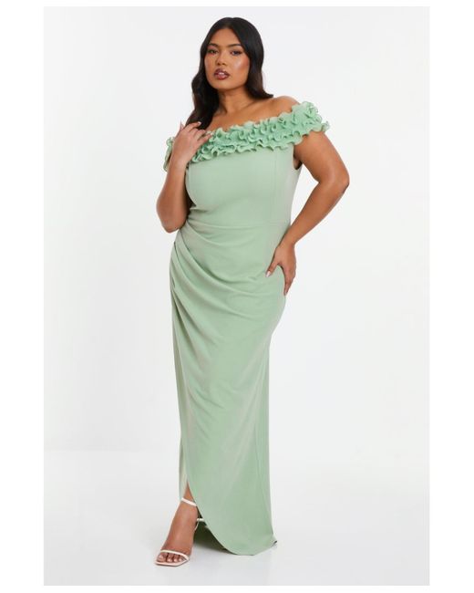 Quiz Green Plus Size Ruffle Bardot Ruched Maxi Dress