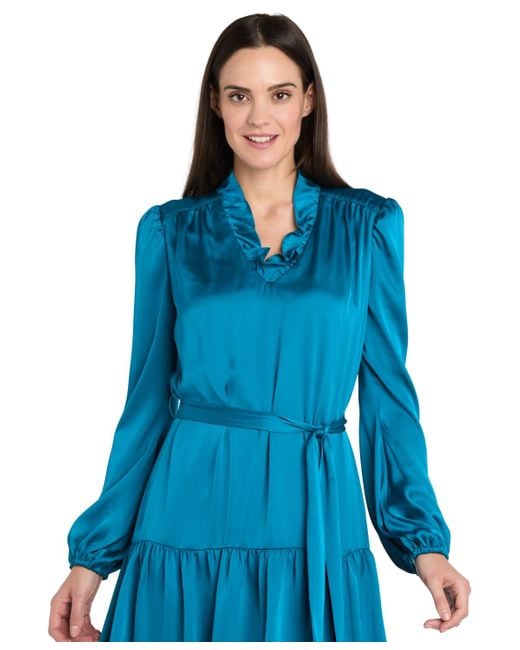 R & M Richards Blue Petite Collared V-neck Long-sleeve Dress