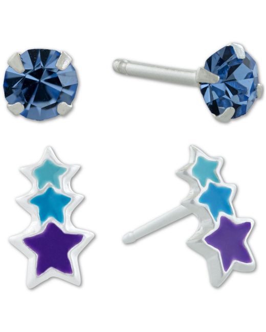 Giani Bernini Blue 2-pc. Set Crystal Solitaire & Enamel Star Stud Earrings In Sterling Silver, Created For Macy's