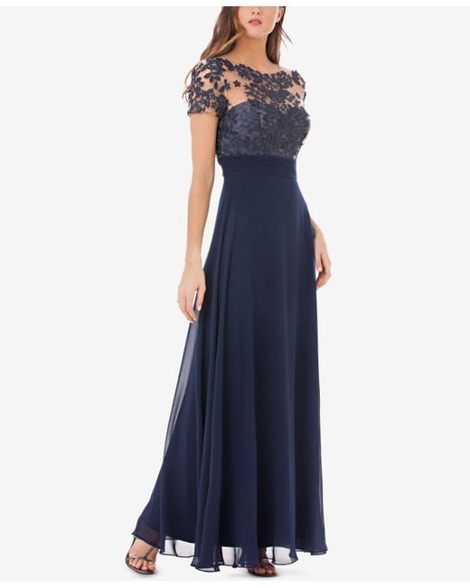 JS Collections Embroidered Illusion Bodice Gown in Navy (Blue) | Lyst
