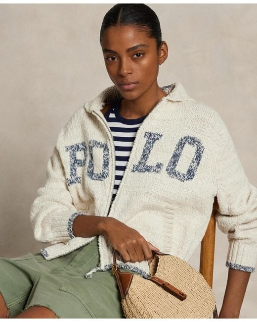 Polo Ralph Lauren Logo Shawl-collar Full-zip Cardigan in Natural