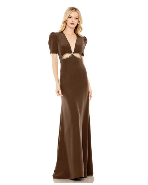 Mac Duggal Brown Ieena Plunge Neck Puff Sleeve Cut Out Gown