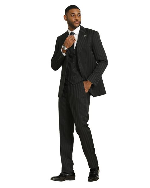 Stacy Adams Black Tone On Tone 3-piece Jacket With Solid Vest And Pants Suit Peak Lapel for men
