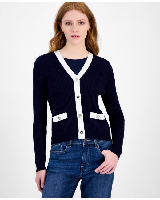 Tommy Hilfiger Women's Blue Contrast Trim V-neck Button-front Cardigan