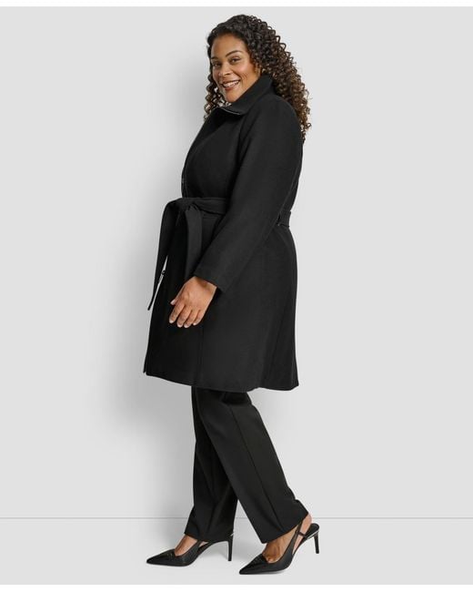 DKNY Black Plus Size Belted Zip-up Wool Coat
