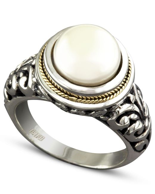 Effy Collection Metallic Cultured Freshwater Pearl Scroll Sides Ring In Sterling Silver And 18k Gold