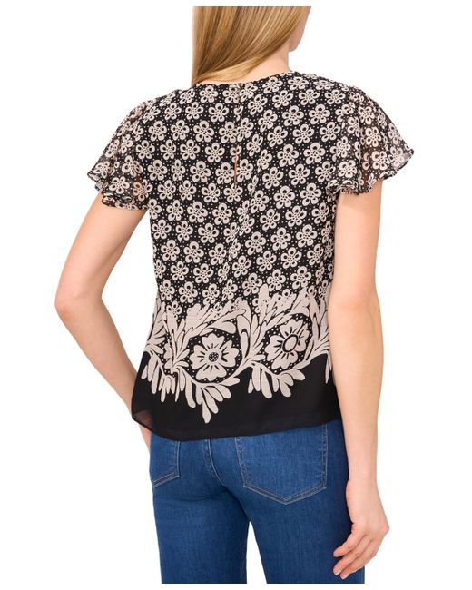 Cece Blue Crewneck Short-flutter Sleeve Blouse