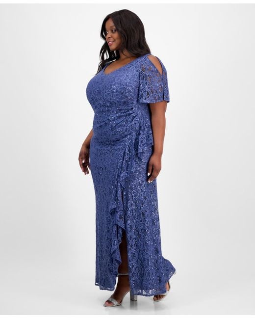 Alex Evenings Blue Plus Size V-neck Ruffle-trim-slit Sequin Dress