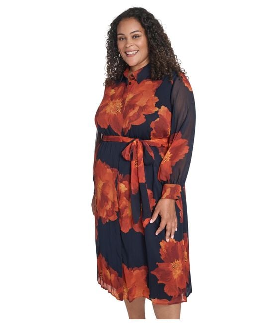 Calvin Klein Red Plus Size Long-sleeve Printed Midi Dress
