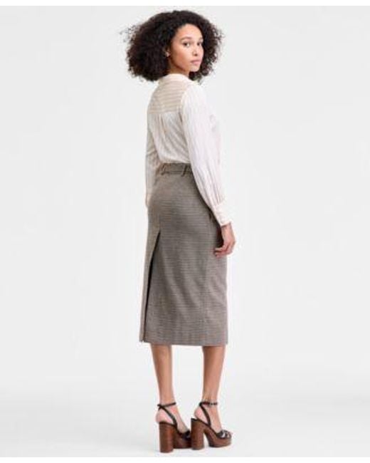 French Connection Gray Satin Pinstripe Blouse Houndstooth Belted Midi Skirt