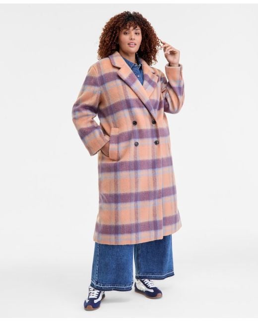 On 34th Red Trendy Plus Size Plaid Double-breasted Coat